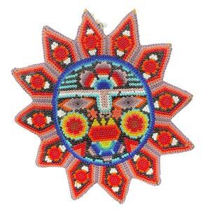 Huichol Folk Art Mexican Tribal Beadwork Sun on Wood Wall Plaque Hand Made‎ VTG